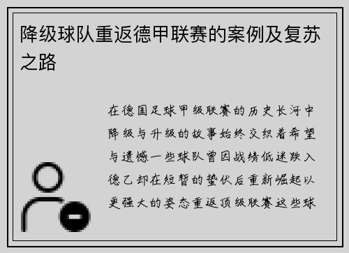 降级球队重返德甲联赛的案例及复苏之路